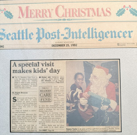 Seattle Post-Intelligencer front page, December 25, 1992: A special visit makes kids' day