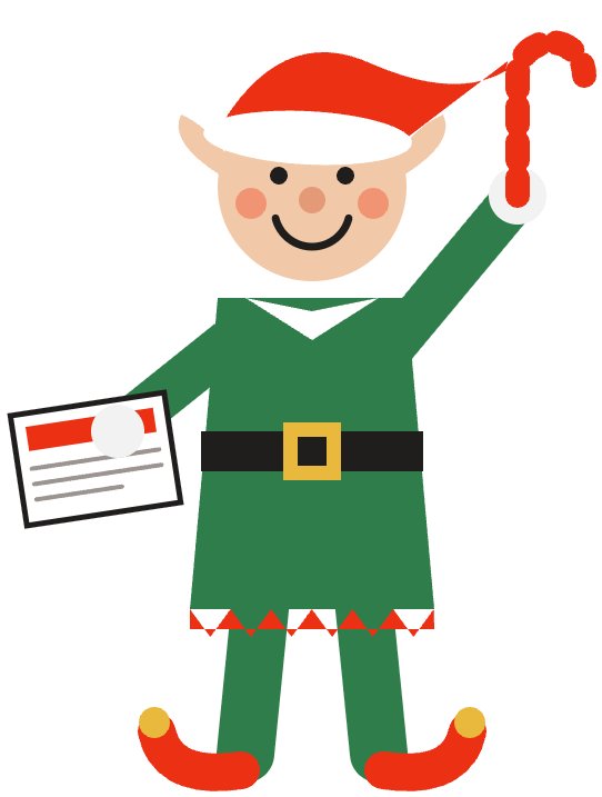 Cartoon elf holding a letter and waving a candy cane